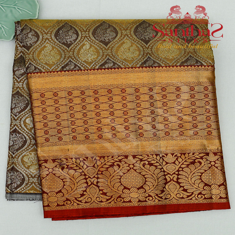 MUSTARD YELLOW COLOUR BODY IN PEACOCK BUTTA WITH CONTRAST BLOUSE & BORDER