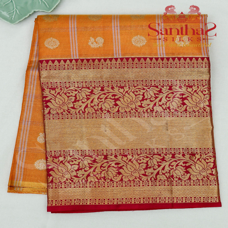 YELLOW COLOUR TISSUE BODY WITH CONTRAST BLOUSE & BORDER