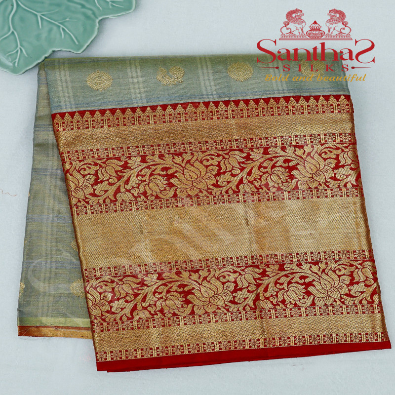 GREY COLOUR TISSUE CHECKED BODY IN ZARI BUTTA WITH CONTRAST BLOUSE & BORDER