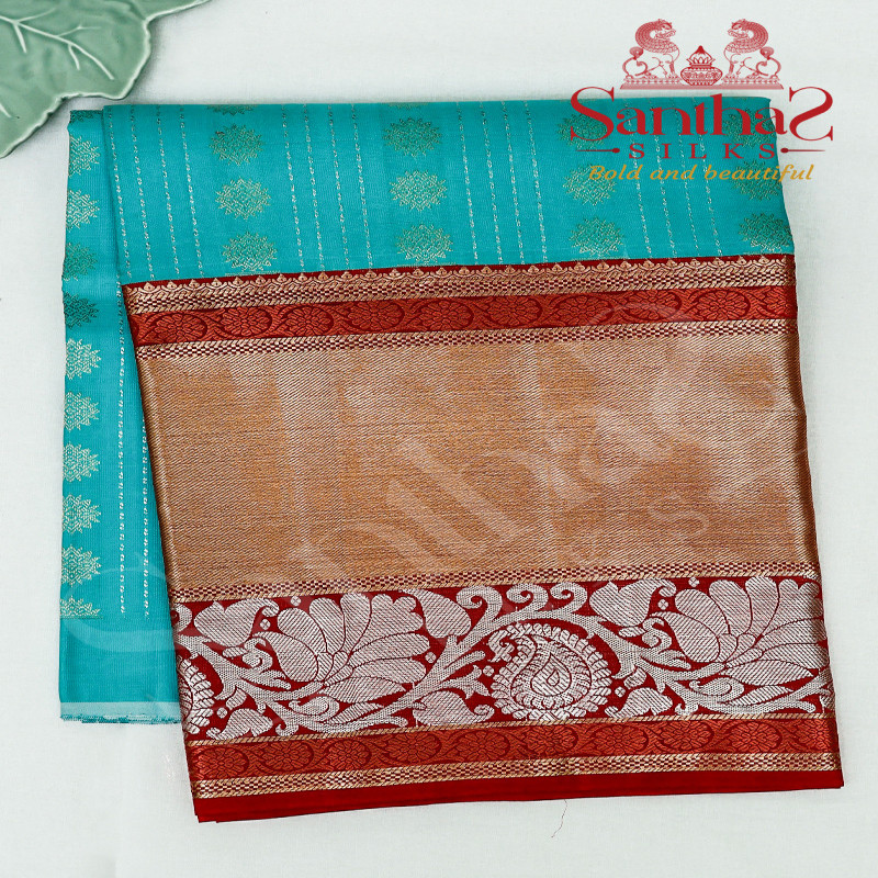 BLUE COLOUR BODY IN STRIP LINE WITH CONTRAST BLOUSE & BORDER