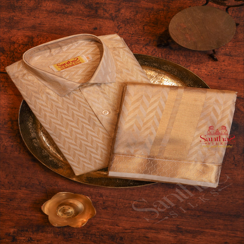 ROSE GOLD COLOUR EMBOSED SHIRT + DHOTI + TOWEL & HANDKERCHIEF WITH PERFUME + BELT