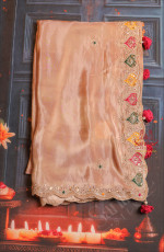 SANDAL COLOUR FANCY READY TO WEAR SAREE WITH CONTRAST BLOUSE