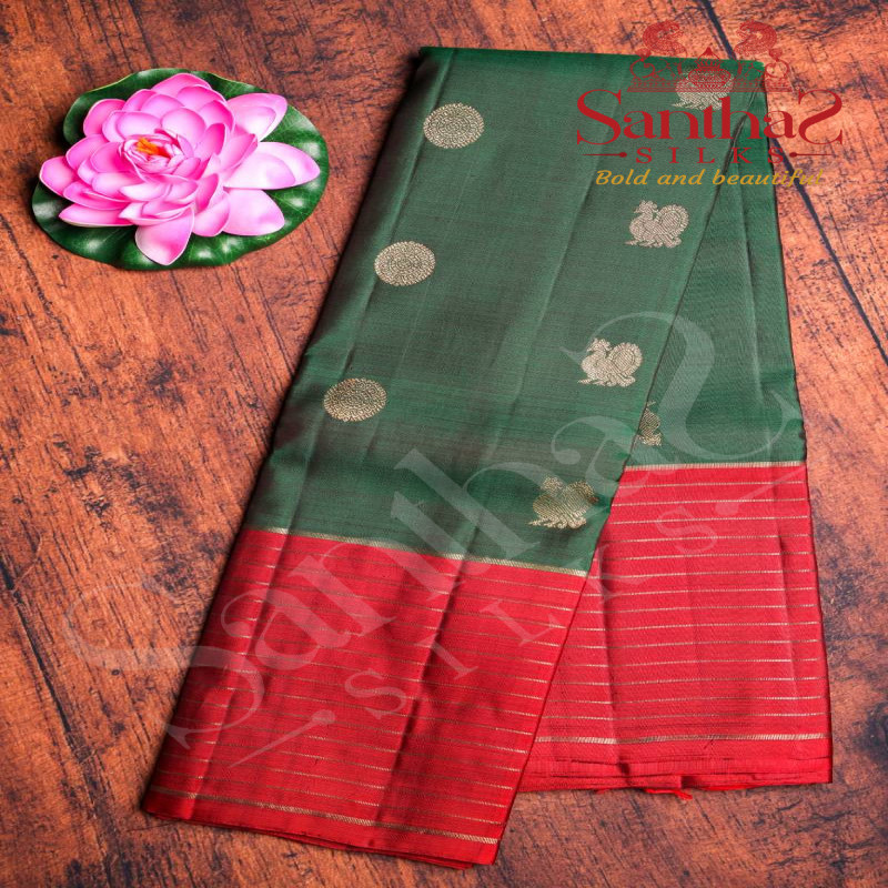 DARK GREEN COLOUR BODY ANNAM CHAKKARAM BUTTA WITH CONTRAST BLOUSE & BORDER