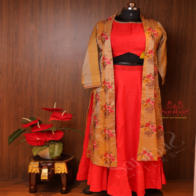 GOLDEN COLOUR CHANDERI SALWAR WITH OVERCOAT & SKIRT