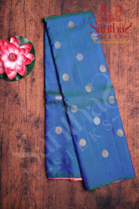 teal-blue-colour-body-coin-zari-butta-with-contrast-blouse