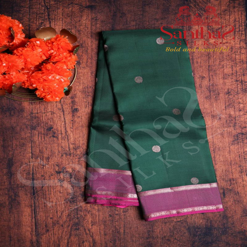 FOREST GREEN COLOUR BODY COPPER COIN ZARI BUTTA WITH CONTRAST BLOUSE & BORDER