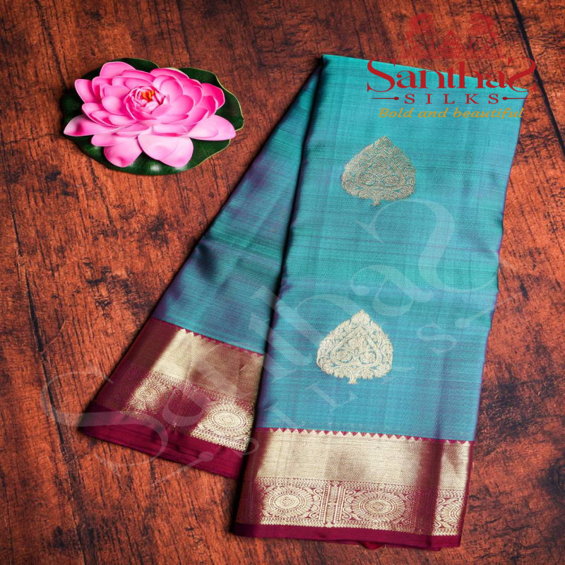 BLUEISH GREEN COLOUR BODY GOLDEN LEAF ZARI BUTTA WITH CONTRAST BLOUSE & BORDER
