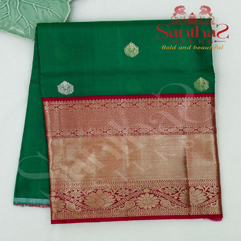 GREEN COLOUR BODY IN ZARI BUTTA WITH CONTRAST BLOUSE & BORDER
