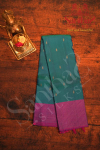 peacock-blue-colour-body-golden-zari-leaf-butta-with-contrast-blouse-border