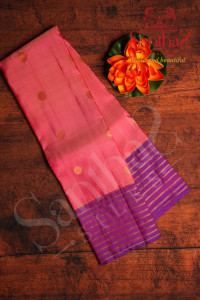 onion-pink-colour-body-with-golden-zari-butta-and-contrast-blouse-border