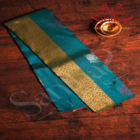 borderless-peacock-blue-colour-body-with-big-motifs-and-orangish-rose-contrast-blouse