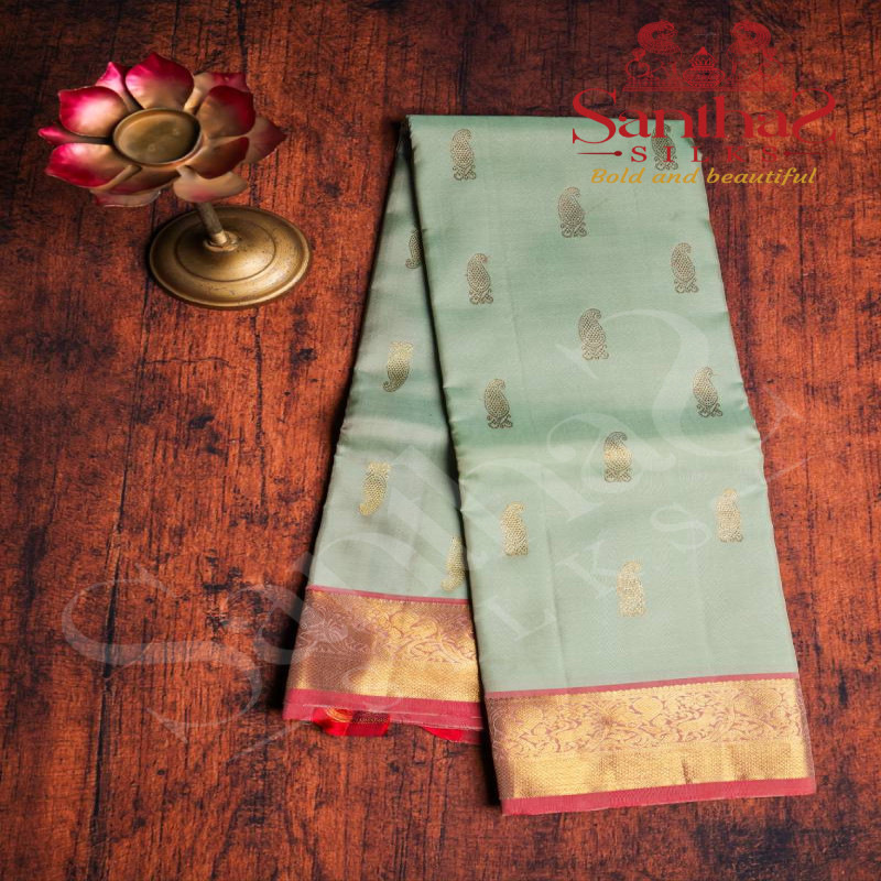 LIGHT GREEN COLOUR BODY GOLDEN ZARI MANGO BUTTA WITH CONTRAST BLOUSE & BORDER