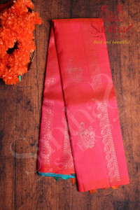 pinkish-orange-colour-body-copper-zari-butta-with-contrast-blouse