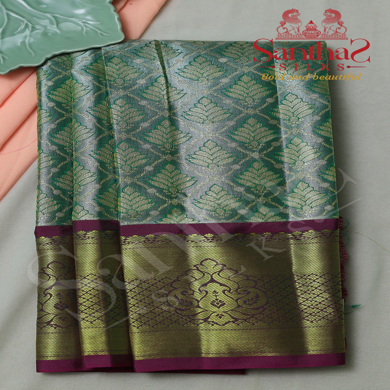 TISSUE GREEN BODY WITH  GOLD ZARI BORDER & BLOUSE