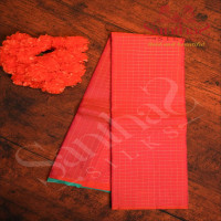 borderless-organish-pink-colour-body-with-golden-zari-checked-boxs-and-contrast-blouse