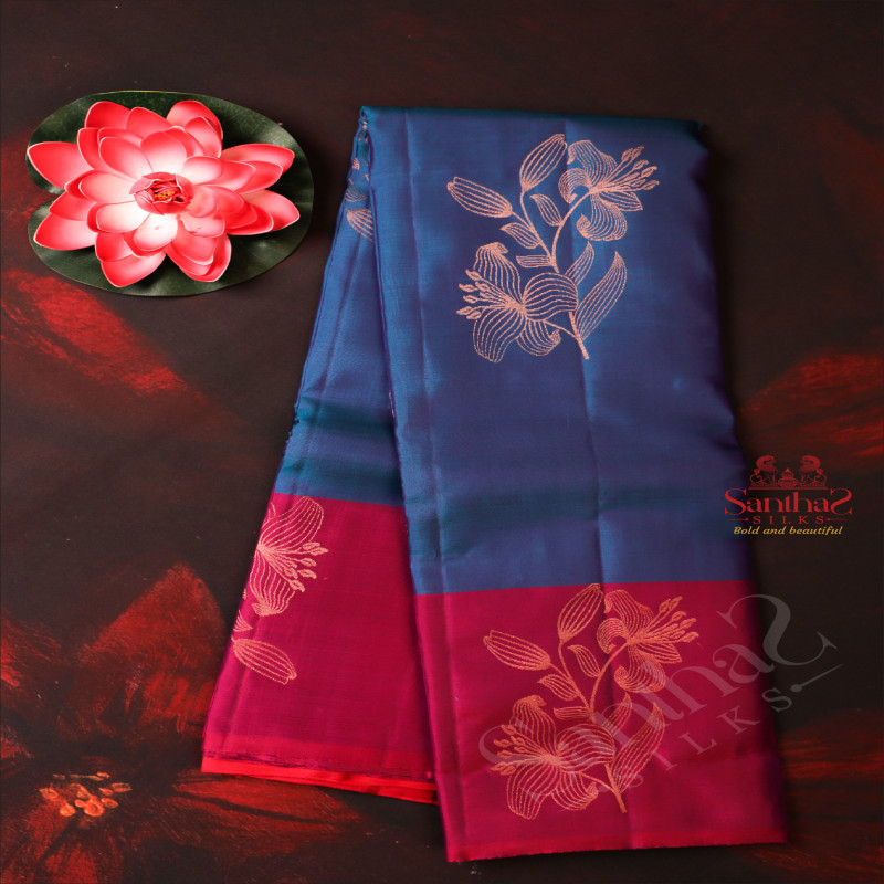 BLUEISH PINK COLOUR BODY WITH FLORAL COPPER ZARI BUTTA WITH CONTRAST BLOUSE & BORDER
