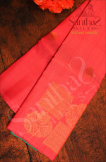 BORDERLESS ONION PINK COLOUR BODY WITH PEACOCOK $ SQUARE SHAPE MOTIFS AND CONTRAST BLOUSE