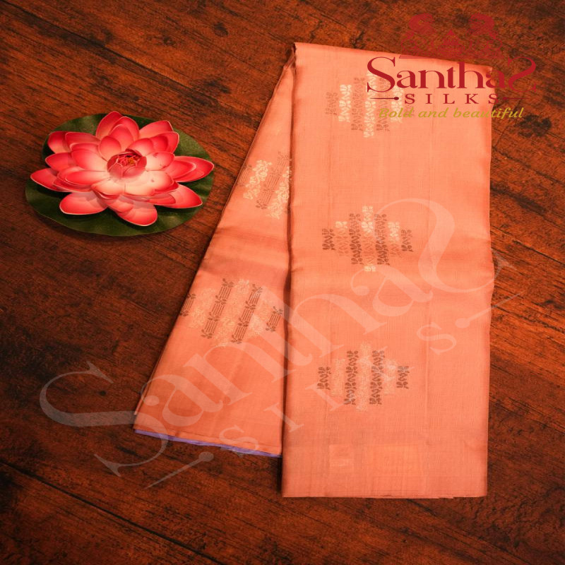 BORDERLESS PEACH COLOUR BODY WITH COPPER AND BLACK ZARI MOTIFS AND CONTRAST BLOUSE