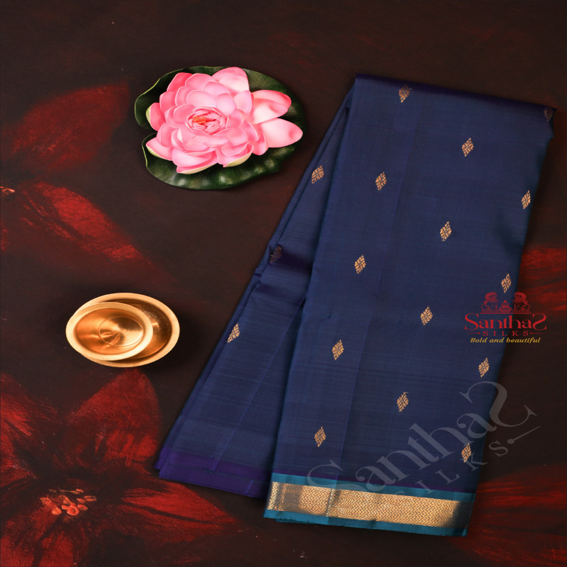 ONE SIDE BORDER ROYAL BLUE COLOUR BODY WITH GOLDEN ZARI BUTTA & WITHOUT BLOUSE