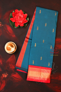 blue-green-colour-body-with-golden-zari-buttas-single-side-border-and-contrast-pallu-without-blouse