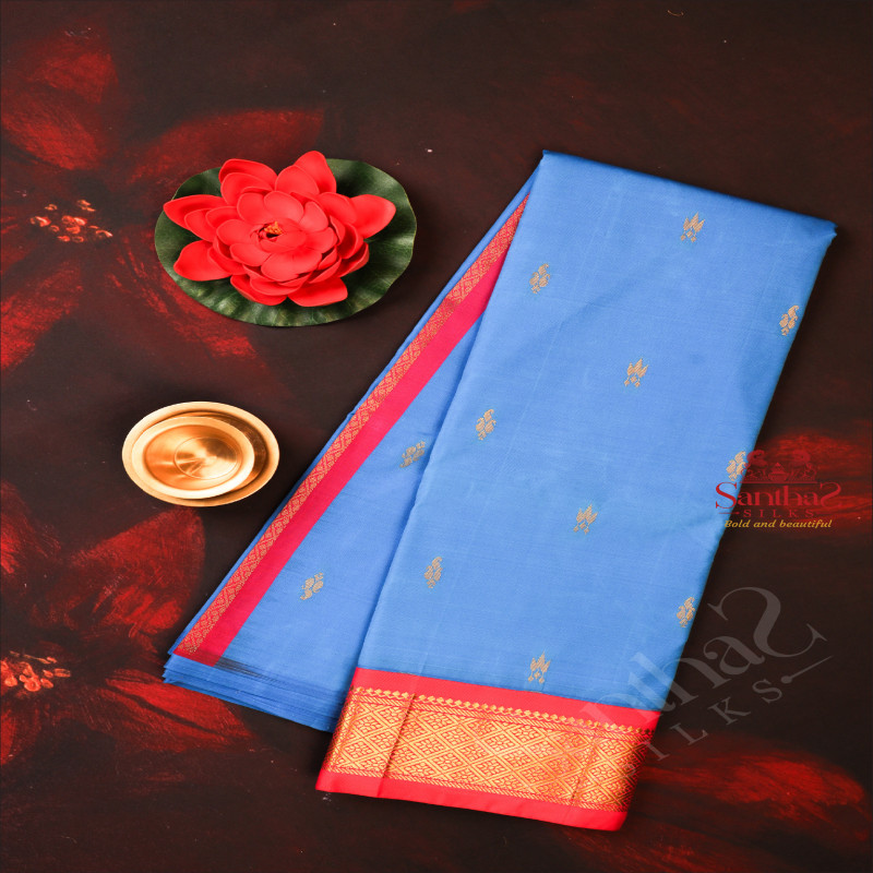 OLYMPIC BLUE COLOUR BODY WITH GOLDEN ZARI BUTTAS & SINGLE SIDE BORDER AND CONTRAST PALLU WITHOUT BLOUSE