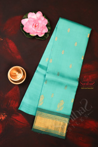 bright-teal-colour-body-with-golden-zari-buttas-single-side-border-and-contrast-pallu-without-blouse