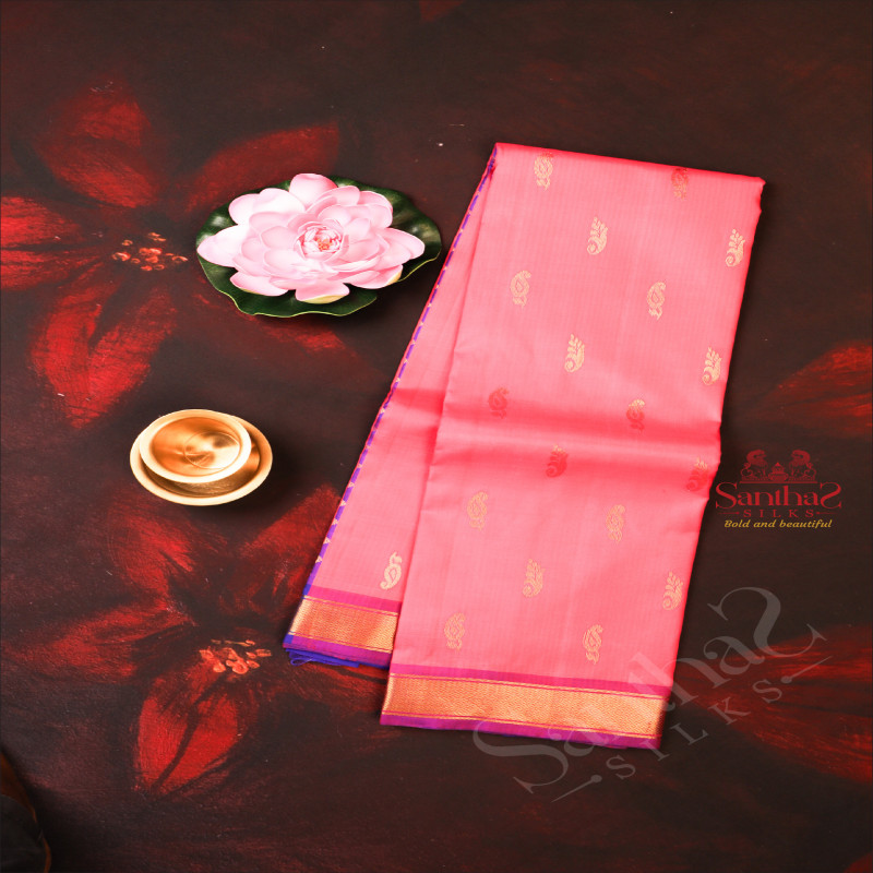DEEP PINK COLOUR BODY WITH GOLDEN ZARI BUTTA WITH CONTRAST BLOUSE & BORDER