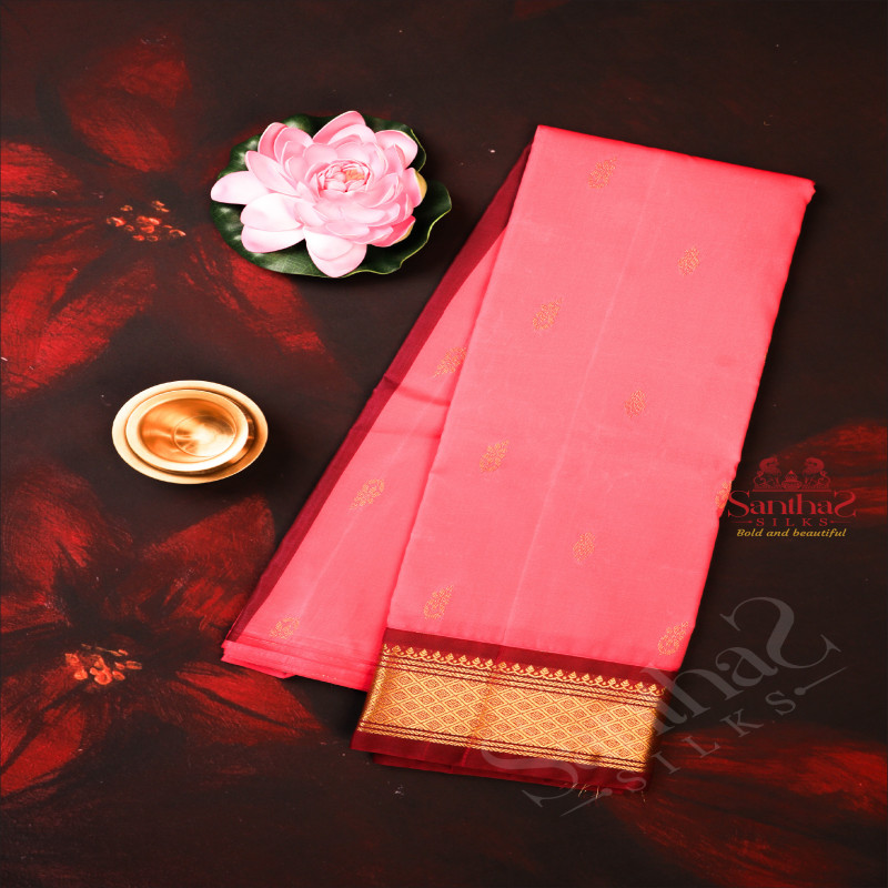 ONE SIDE BORDER POWER PINK COLOUR BODY WITH GOLDEN ZARI BUTTA & WITHOUT BLOUSE