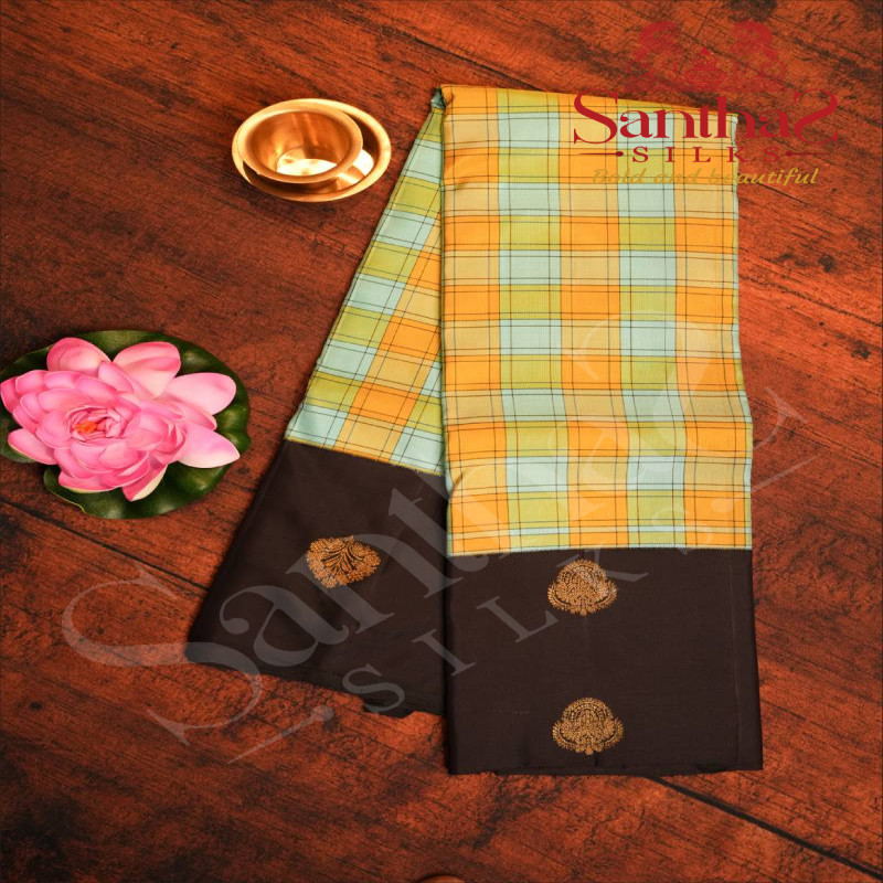 MULTI COLOUR CHECKED BODY WITH GOLDEN ZARI BUTTAS AND CONTRAST BLOUSE