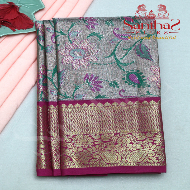 SILVER COLOUR BODY IN FLORAL PATTERN WITH CONTRAST BLOUSE & BORDER