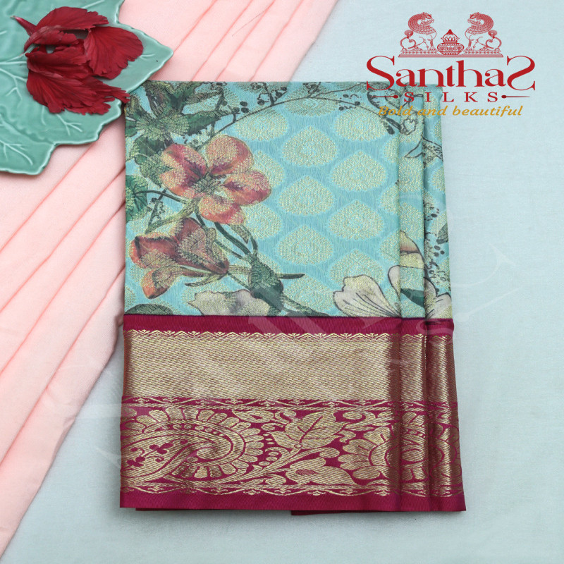 LIGHT GREEN IN BODY FLORAL WITH CONTRAST BLOUSE & BORDER