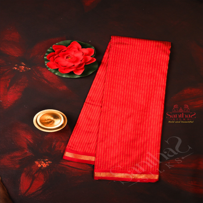 VENETIAN RED COLOUR BODY WITH SMALL CHECKED AND SELF COLOUR PALLU WITH SELF COLOUR BLOUSE