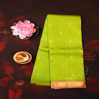parrot-green-colour-body-with-golden-zari-buttas-single-side-border-and-contrast-pallu-without-blouse