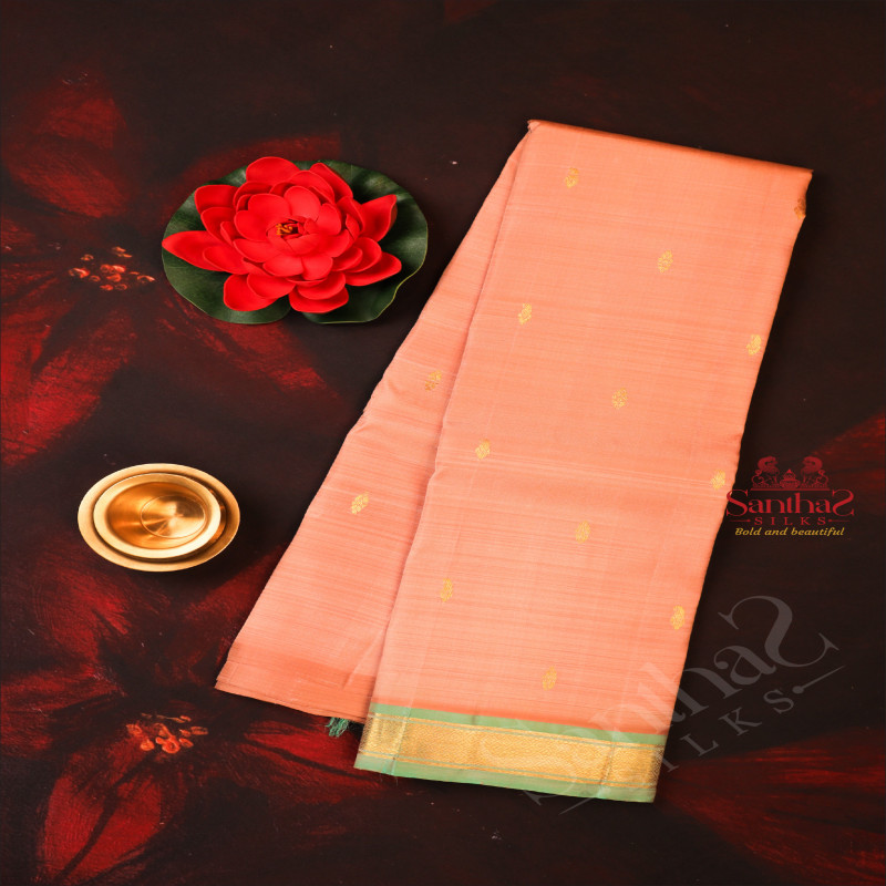 ONESIDE BORDER PASTEL PEACH BODY WITH GOLDEN ZARI BUTTA & WITHOUT BLOUSE