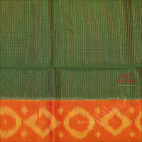 BOTTLE GREEN COLOUR BODY WITH GOLDEN & SILVER ZARI SMALL CHECKED BOXES AND CONTRAST COLOUR IKKAT PALLU & BLOUSE