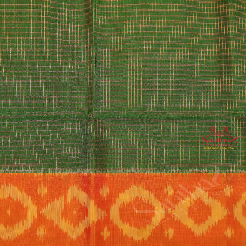 BOTTLE GREEN COLOUR BODY WITH GOLDEN & SILVER ZARI SMALL CHECKED BOXES AND CONTRAST COLOUR IKKAT PALLU & BLOUSE