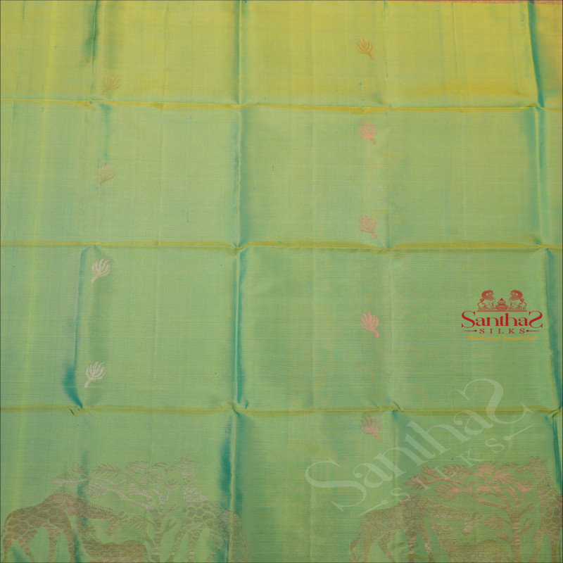 BRIGHT YELLOW GREEN COLOUR BODY WITH GOLDEN ZARI GIRAFEE BUTTA WITH CONTRAST BLOUSE & BORDER