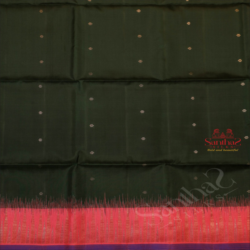 BOTTLE GREEN COLOUR BODY WITH SILVER ZARI FLORAL BUTTA WITH CONTRAST BLOUSE & BORDER