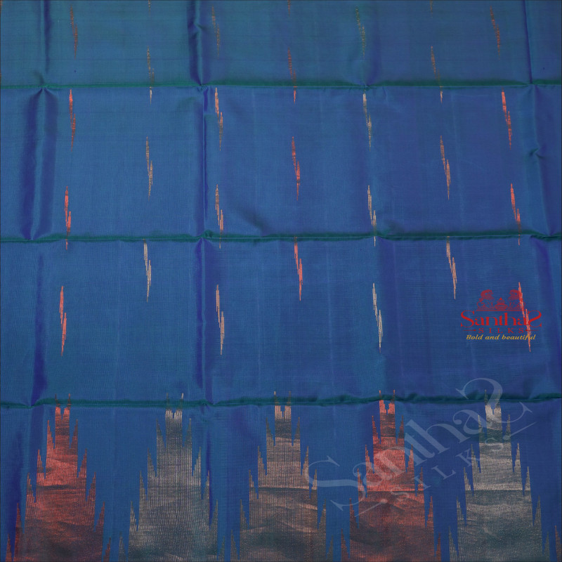 PEACOCK BLUE COLOUR BODY WITH GOLDEN ZARI & SILVER BUTTA AND CONTRAST COLOUR PALLU & BLOUSE