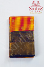 Pink with Yellow Checks Pure Silk Saree with Navy Blue Border