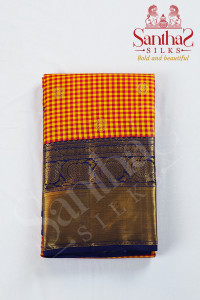 pink-with-yellow-checks-pure-silk-saree-with-navy-blue-border