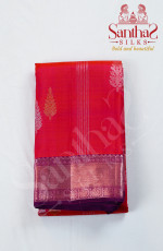 Pinkish Orange Double Shade Pure Silk Saree with Wine Red Border, Gold, Copper, Silver Buttas in it