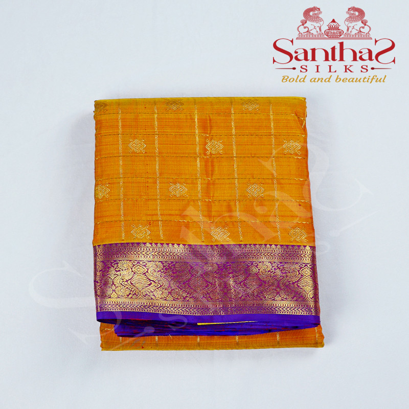Golden Yellow Pure Silk Saree with Violet Border