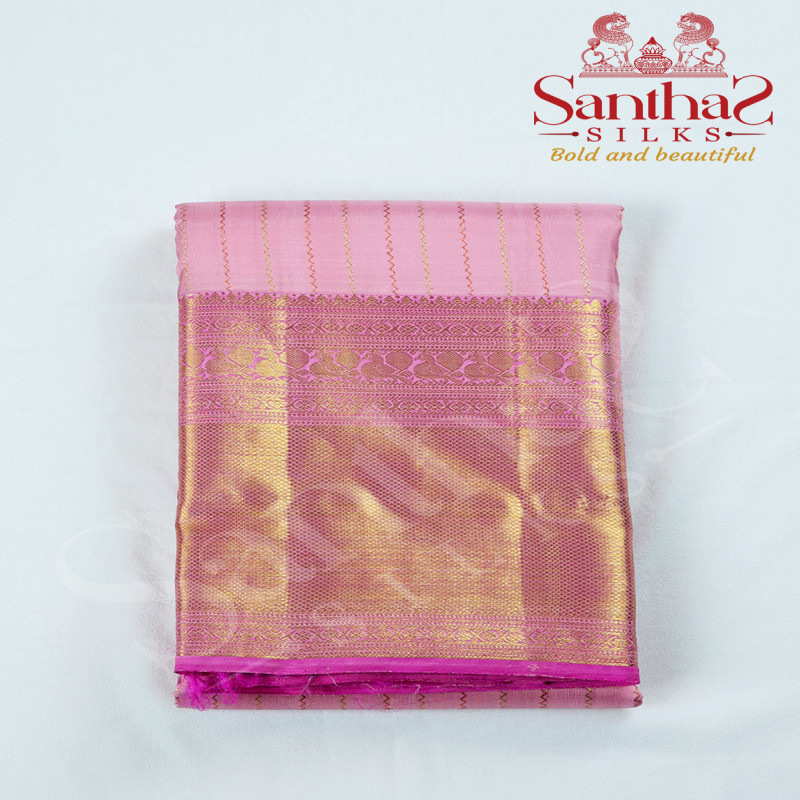 Baby Pink Color Pure Silk Saree in Zig Zag Pattern with Gold Zari Border