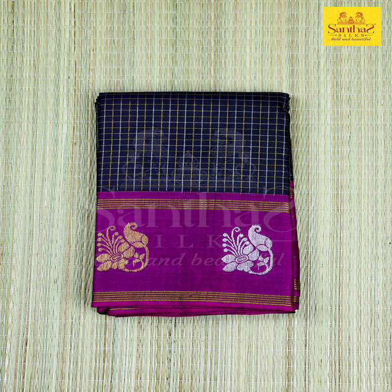 Coffee Brown Body Gold Silver Zari Checked with Magenta Border