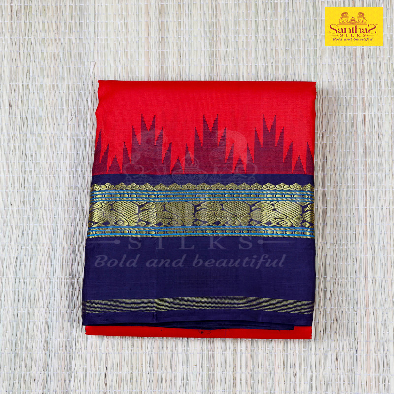 Red Plain Body with Bentex Temple Navy Blue Border