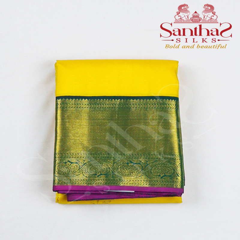 Lemon Yellow Color Pure Silk Saree with Korvai Green Border