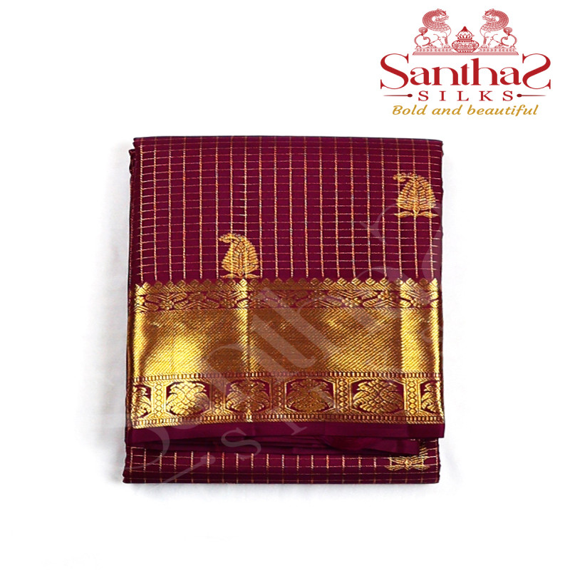 Magenta Multi Checks Pure Silk Saree
