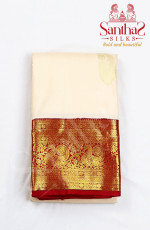 Half White Body Mango Motif with Red Peacock Korvai Border