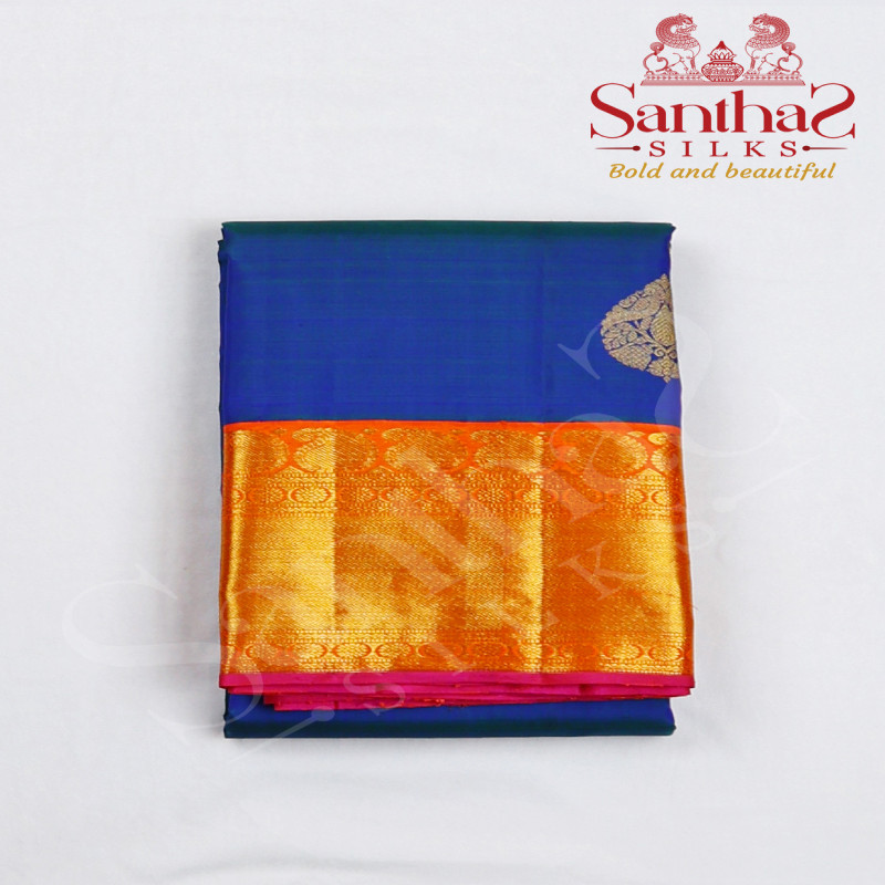 Peacock Blue Body with Orange Korvai Border